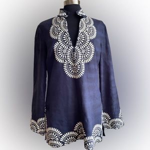 Tory Burch Tunic Linen Navy Blue w/ White embroidery Style 12091172